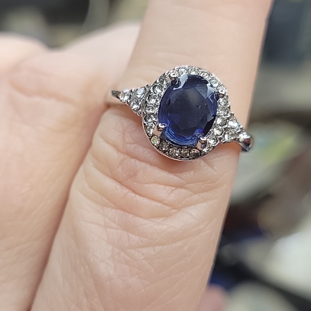 Sapphire & Diamond Faux Blue Silver Tone Ring